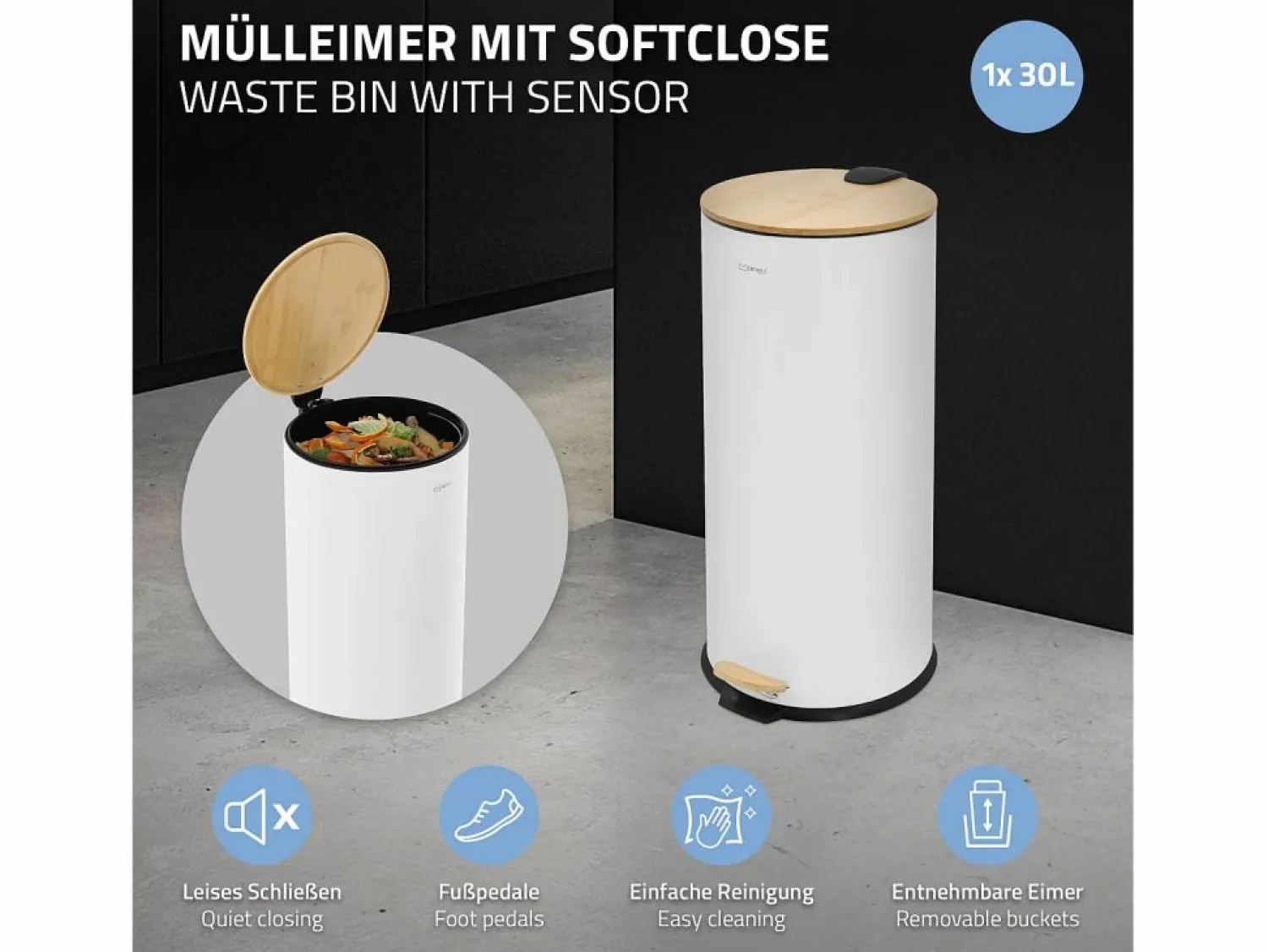 Sale ML-DESIGN Cubo de basura con pedal 30L papelera redonda acabado de acero inoxidable , tapa de bambú con cierre suave para hogar y oficinas Blanco