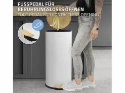 Sale ML-DESIGN Cubo de basura con pedal 30L papelera redonda acabado de acero inoxidable , tapa de bambú con cierre suave para hogar y oficinas Blanco