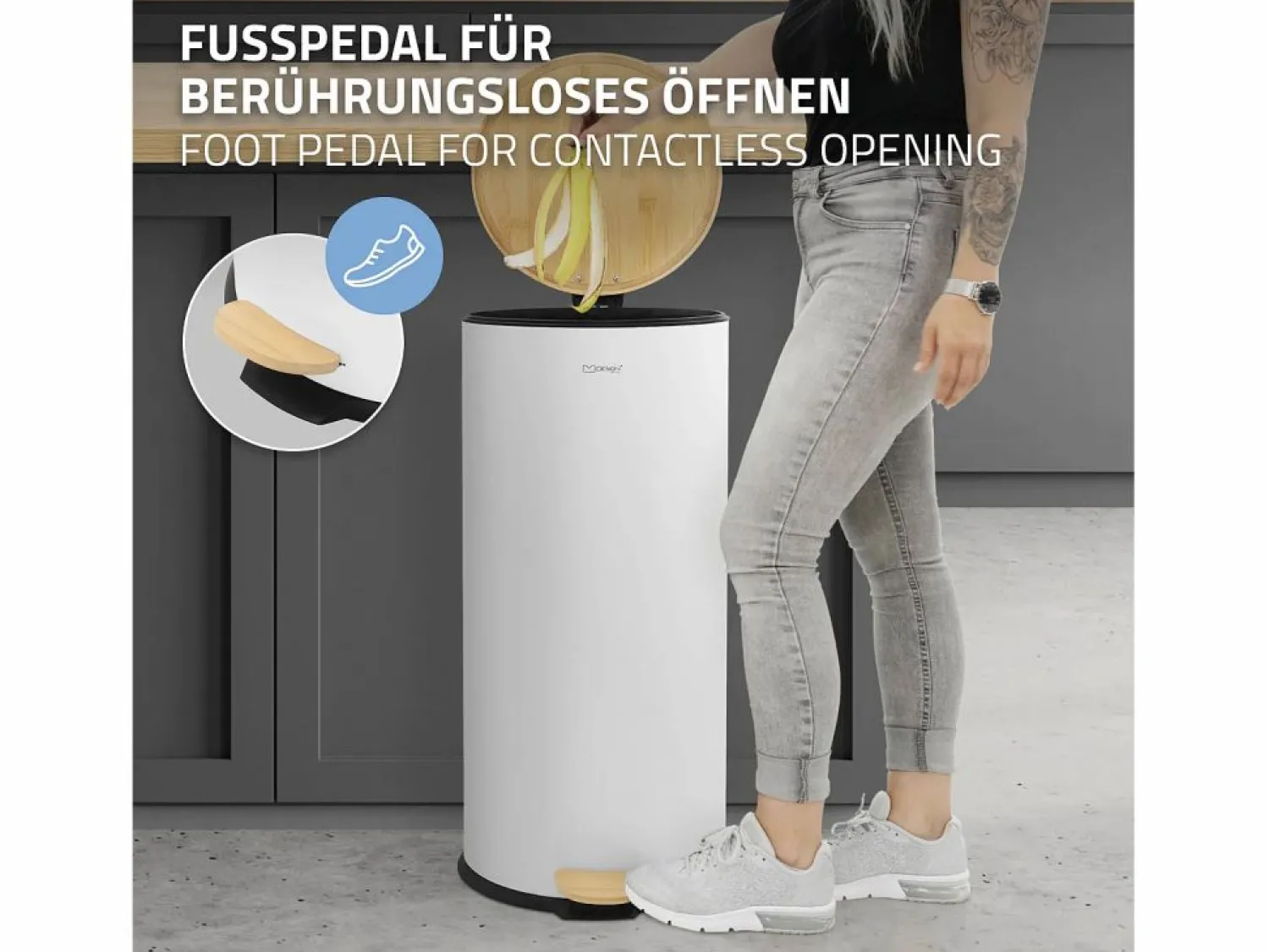 Sale ML-DESIGN Cubo de basura con pedal 30L papelera redonda acabado de acero inoxidable , tapa de bambú con cierre suave para hogar y oficinas Blanco