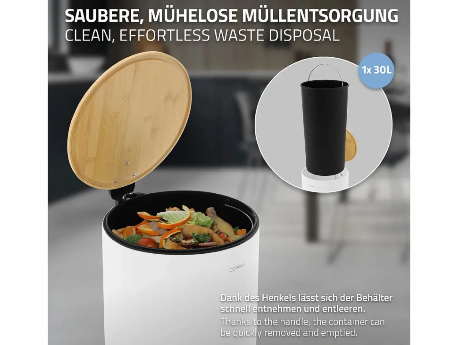 Sale ML-DESIGN Cubo de basura con pedal 30L papelera redonda acabado de acero inoxidable , tapa de bambú con cierre suave para hogar y oficinas Blanco