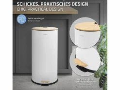 Sale ML-DESIGN Cubo de basura con pedal 30L papelera redonda acabado de acero inoxidable , tapa de bambú con cierre suave para hogar y oficinas Blanco