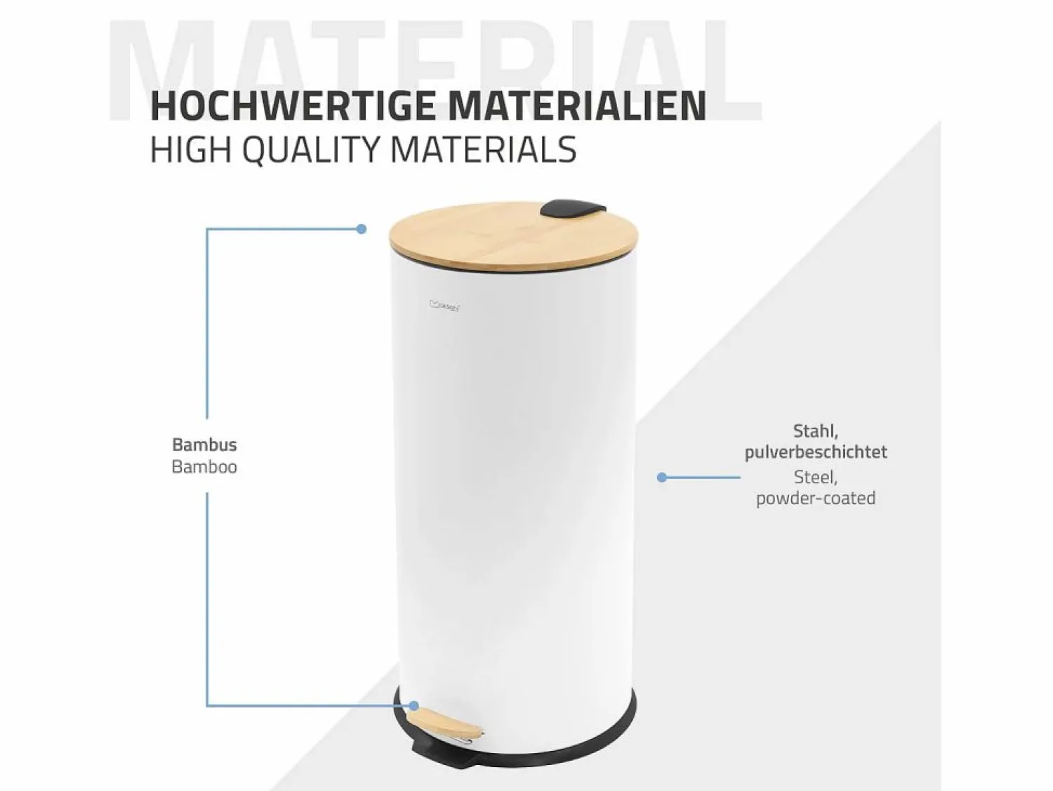 Sale ML-DESIGN Cubo de basura con pedal 30L papelera redonda acabado de acero inoxidable , tapa de bambú con cierre suave para hogar y oficinas Blanco