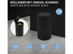 ML-DESIGN Cubo de basura inteligente con sensor de movimiento 30L papelera redonda con apertura y cierre automática de acero con pantalla LED Negro