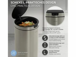 Discount ML-DESIGN Cubo de basura inteligente con sensor de movimiento 40L papelera redonda con apertura y cierre automática de acero con pantalla LED Plateado