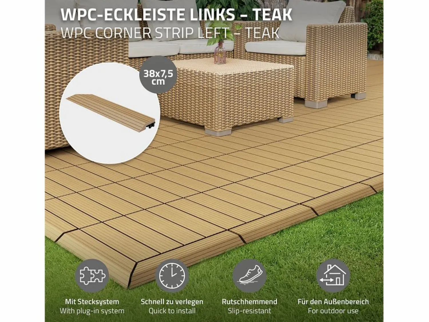 Best ML-DESIGN Perfil angular de wpc marrón teca esquina izquierda 38x2x7,5 cm borde de remate para baldosas con sistema clic aspecto madera para terraza Marru00f3n