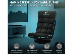 Hot Sofá gaming ergonómico, negro-turquesa, sillón gamer de ordenador, videojuegos asiento gamer de suelo giratorio 360° y ajustable Silla Gaming