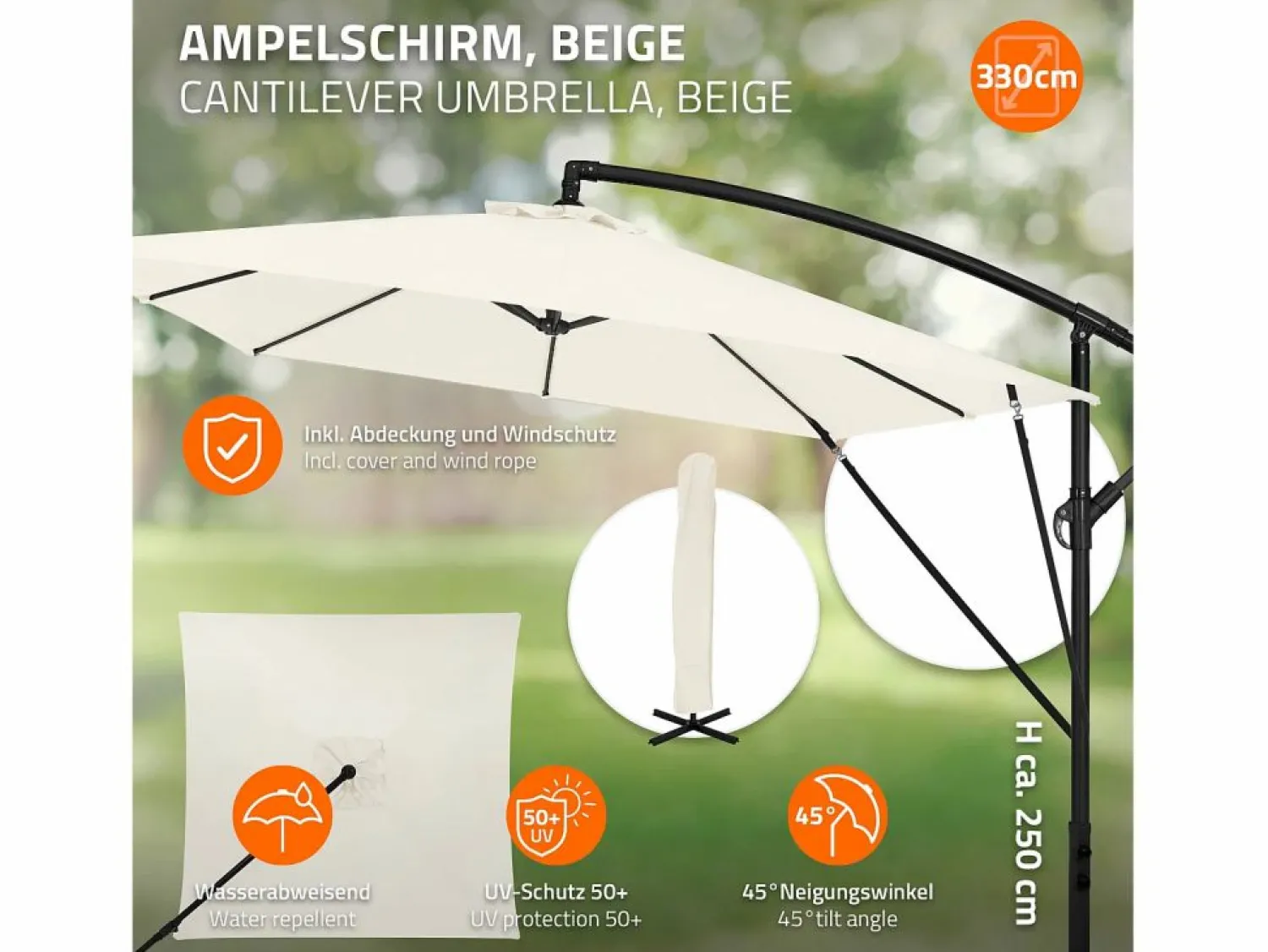 Discount Sombrilla de jardín Ø330cm de aluminio parasol volafiza de terraza con soporte, giratoria 360° e inclinable con manivela Sombrilla