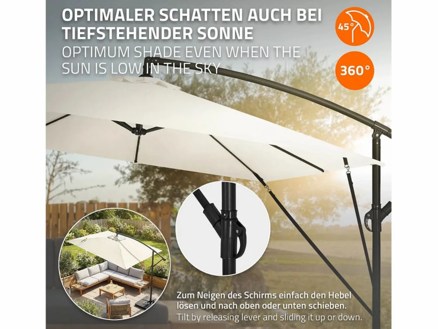 Discount Sombrilla de jardín Ø330cm de aluminio parasol volafiza de terraza con soporte, giratoria 360° e inclinable con manivela Sombrilla