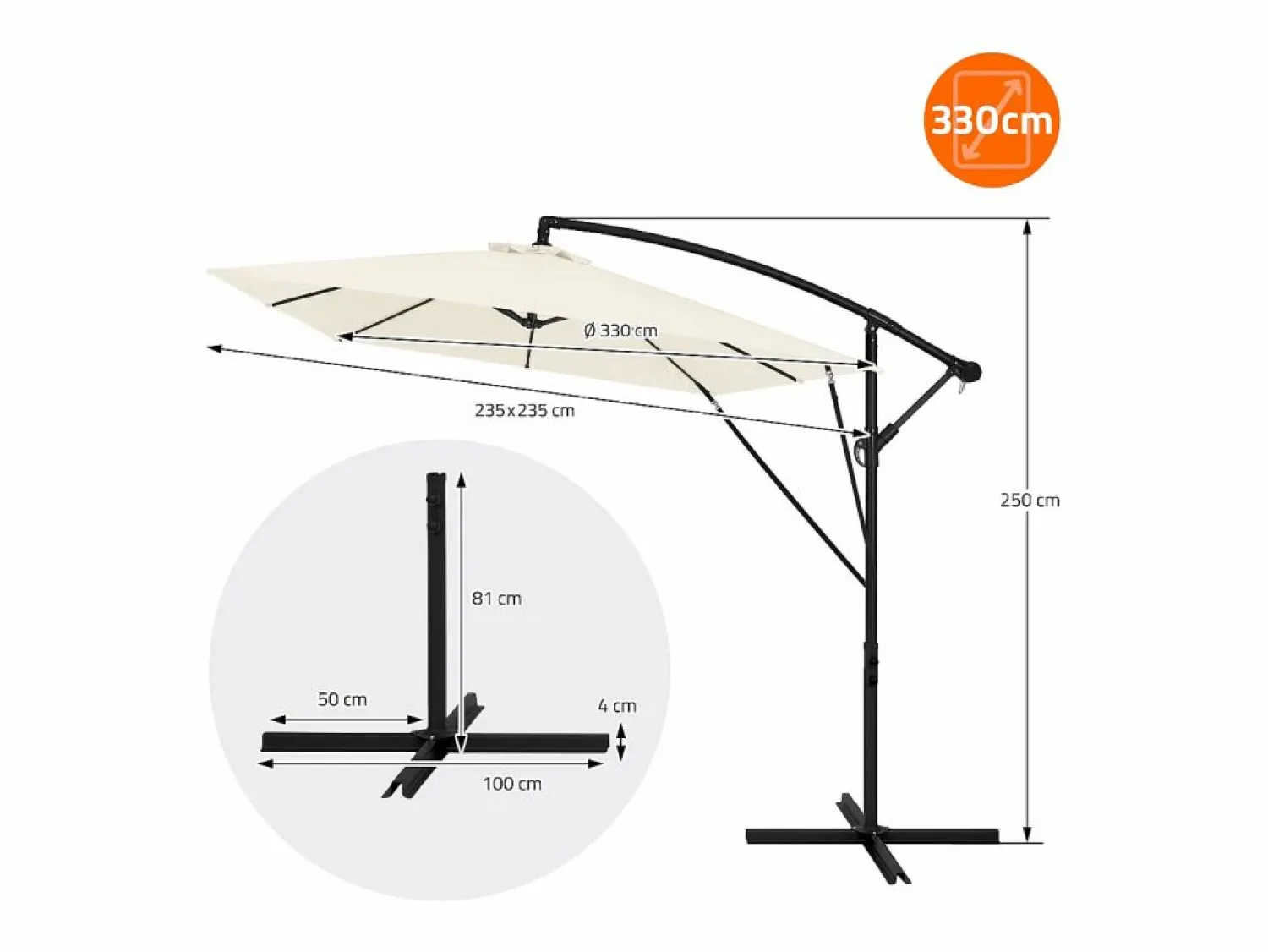 Discount Sombrilla de jardín Ø330cm de aluminio parasol volafiza de terraza con soporte, giratoria 360° e inclinable con manivela Sombrilla