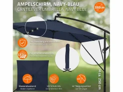 New ML-DESIGN Sombrilla de jardín con LED solar Ø330cm de aluminio marino parasol volafiza de terraza con soporte, giratoria 360° e inclinable Azul