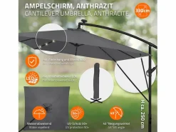 Sale Sombrilla de jardín con LED solar Ø330cm de aluminio antracita parasol volafiza de terraza con soporte, giratoria 360° e inclinable Sombrilla