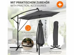 Sale Sombrilla de jardín con LED solar Ø330cm de aluminio antracita parasol volafiza de terraza con soporte, giratoria 360° e inclinable Sombrilla