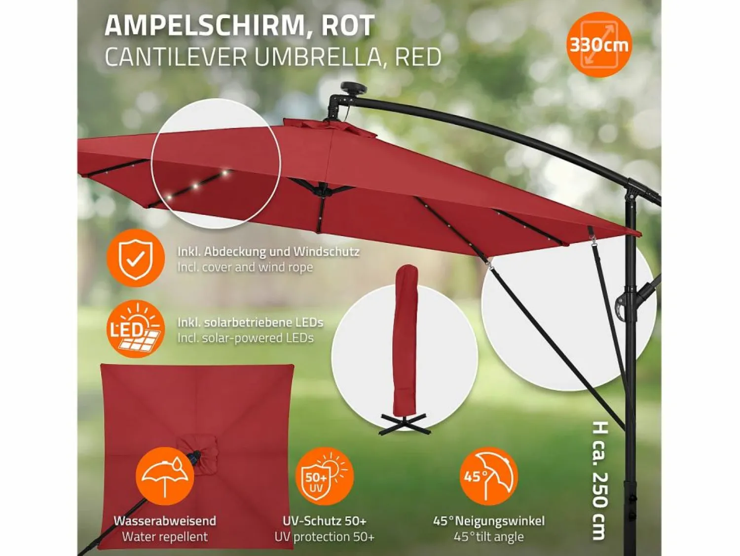 Hot Sombrilla de jardín con LED solar Ø330cm de aluminio parasol volafiza de terraza con soporte, giratoria 360° e inclinable Sombrilla