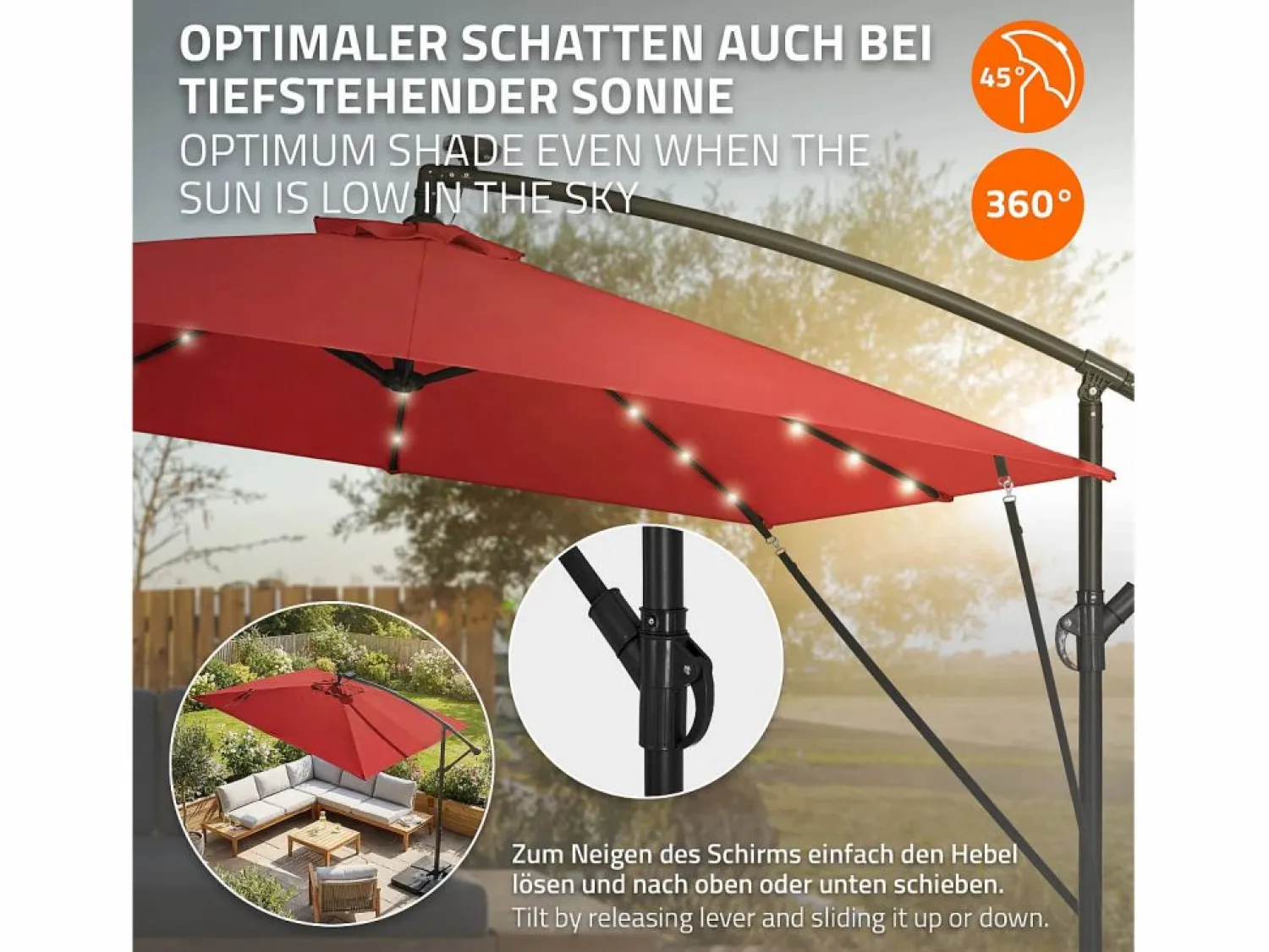 Hot Sombrilla de jardín con LED solar Ø330cm de aluminio parasol volafiza de terraza con soporte, giratoria 360° e inclinable Sombrilla