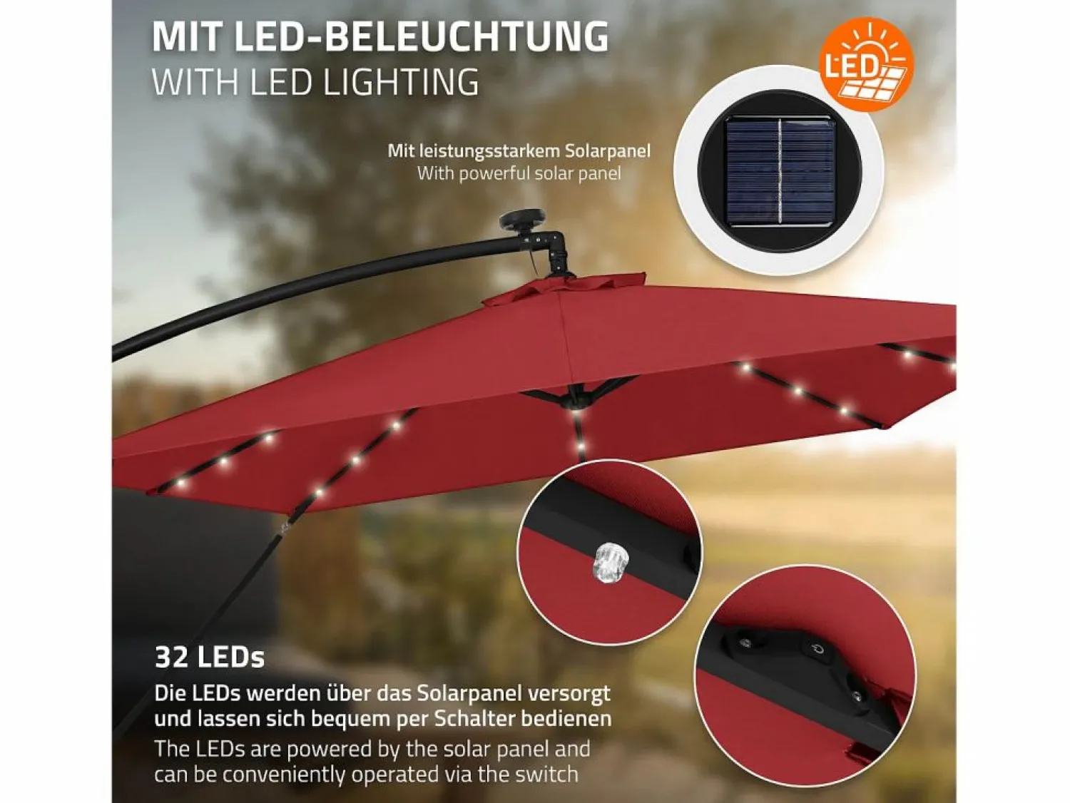 Hot Sombrilla de jardín con LED solar Ø330cm de aluminio parasol volafiza de terraza con soporte, giratoria 360° e inclinable Sombrilla
