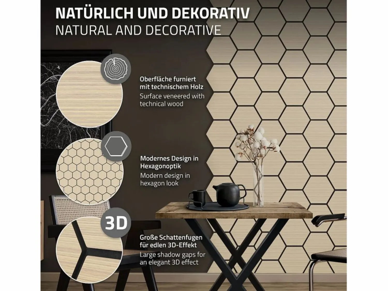 Outlet ML-Design 2x Paneles acústicos hexagonales de pared MDF color roble 66,5x81x2cm 1 m² tratamiento de insonorización absorbente de ruido para set up Panel De Pared