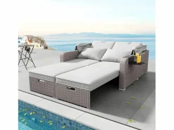 ModernLuxe Mobiliario de jardín extensible - Sofá lounge de ratán PE con dosel ajustable - estructura de acero - Taupe