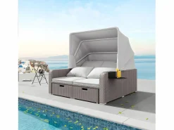 ModernLuxe Mobiliario de jardín extensible - Sofá lounge de ratán PE con dosel ajustable - estructura de acero - Taupe