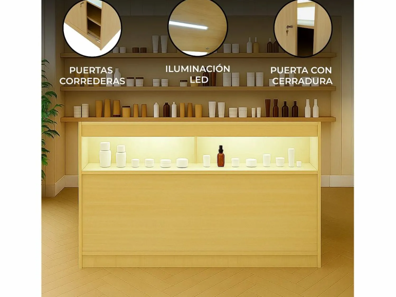 Monstershop Mostrador Comercial con Luz LED B1500 150x60x90cm – Arce