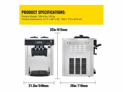 Hot Máquina de Helado Blando SucceBuy, Comercial de Mostrador 2200 W 2 + 1 Sabores, para Restaurantes, Bares, Cafeterías, Panaderías Plateado