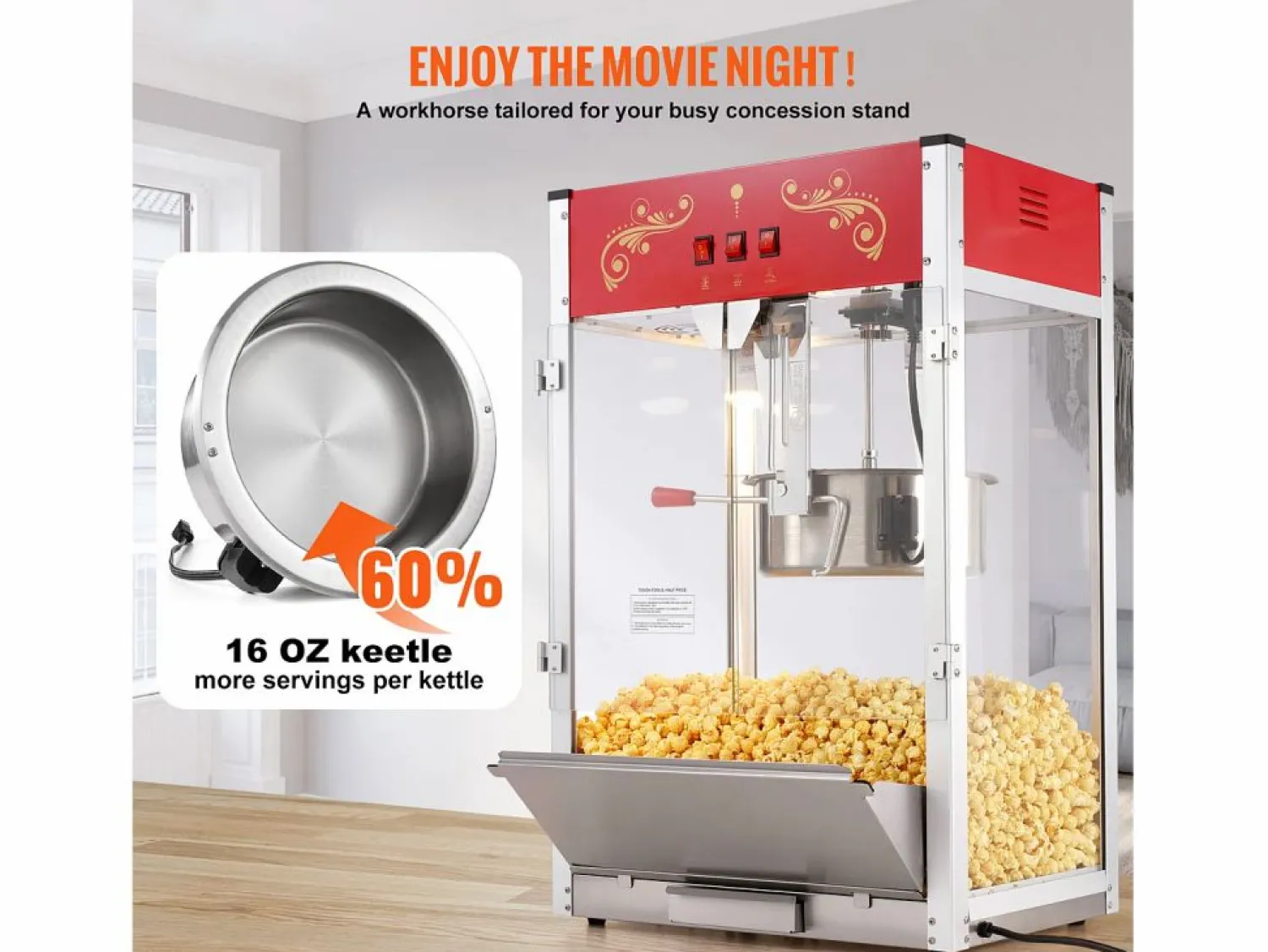 Máquina de Palomitas SucceBuy 1615 W, Máquina de Popcorn de 16 oz, Máquina de Mostrador con Caldero de Vidrio Templado, Estilo Cine,