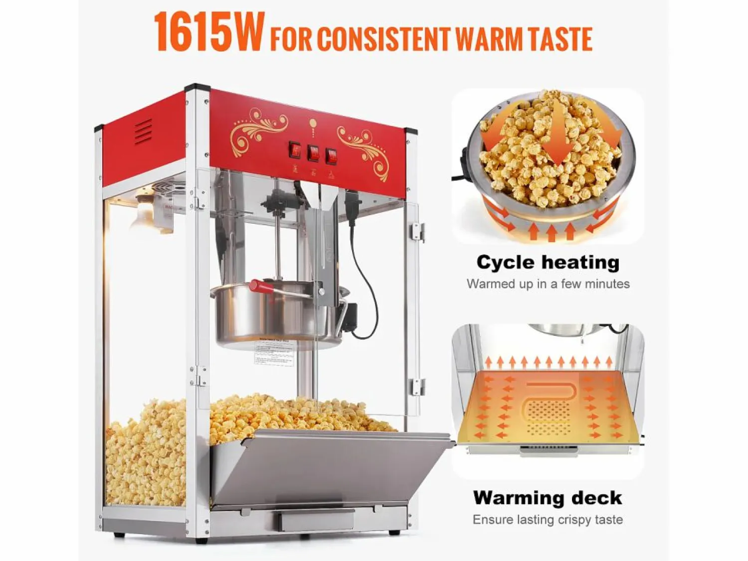 Máquina de Palomitas SucceBuy 1615 W, Máquina de Popcorn de 16 oz, Máquina de Mostrador con Caldero de Vidrio Templado, Estilo Cine,