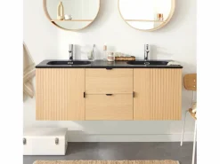 Discount Mueble alto STUDIO de roble doble de 140 cm con encimera de resina Mueble De Baño Con Doble Lavabo