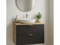 Mueble bajo lavabo con encimera de 80 cm, 2 cajones, roble Artisan / Orio