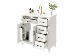 Outlet Merax Mueble bajo lavabo de cerámica individual - 90 x 46 x 87 cm - con 4 cajones + 2 puertas - Cerámica + MDF - Blanco