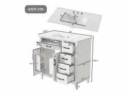 Outlet Merax Mueble bajo lavabo de cerámica individual - 90 x 46 x 87 cm - con 4 cajones + 2 puertas - Cerámica + MDF - Blanco