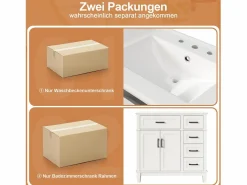 Outlet Merax Mueble bajo lavabo de cerámica individual - 90 x 46 x 87 cm - con 4 cajones + 2 puertas - Cerámica + MDF - Blanco