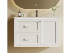 Sale Merax Mueble bajo lavabo suspendido de un seno cerámico - 76 x 46 x 51 cm - acabado lacado - con LEDs + 2 cajones + puerta - cerámica + MDF - Blanco