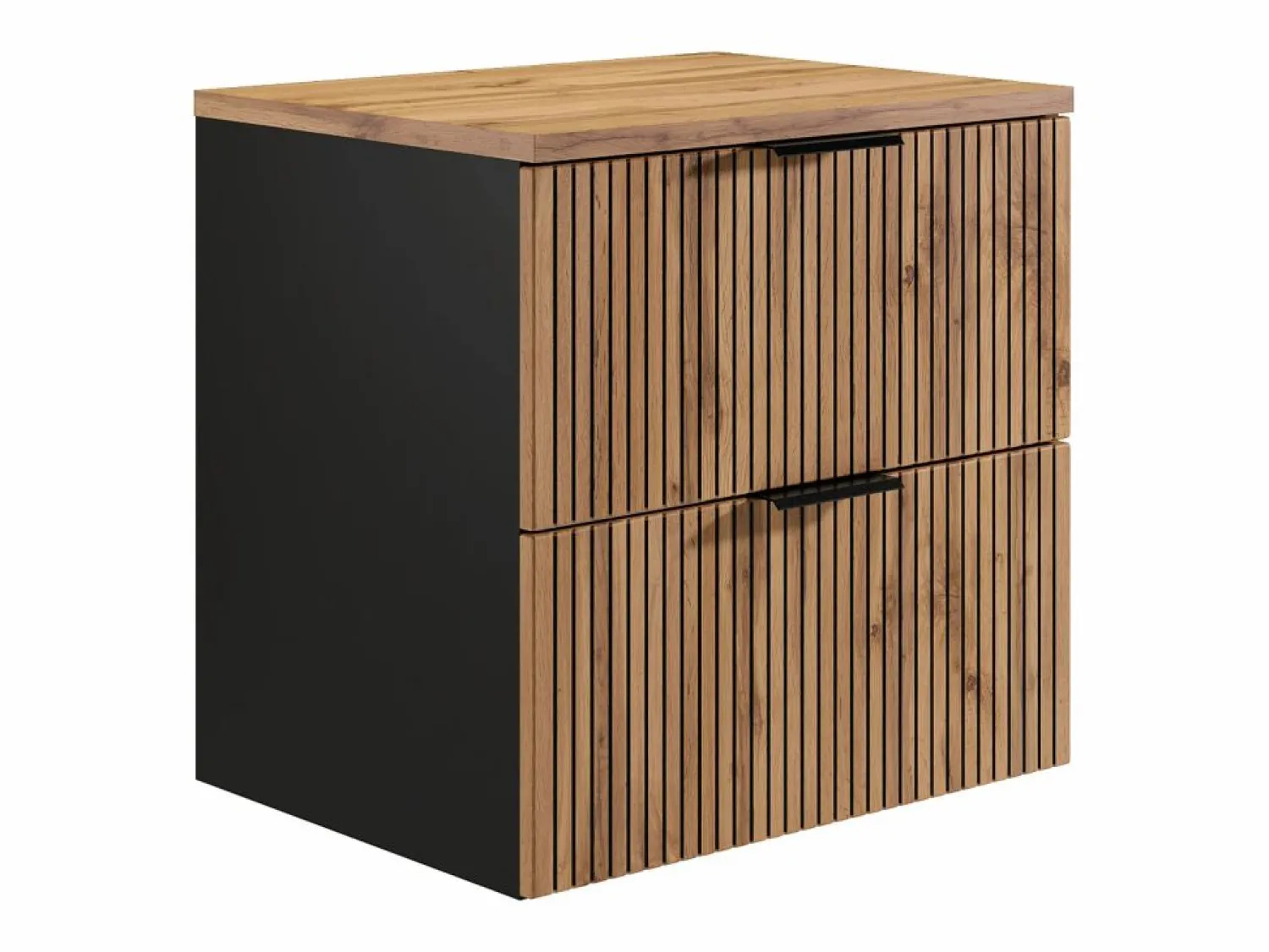 Vente-unique Mueble bajo lavabo suspendido estriado natural claro y negro con encimera, 60 cm, MADELA