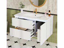 New Mueble bajo lavabo suspendido de un seno cerámico - 91 x 46,5 x 50,5 cm - acabado lacado - con LEDs + 2 cajones + puerta - cerámica + MDF - Mueble De Baño Simple