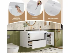New Mueble bajo lavabo suspendido de un seno cerámico - 91 x 46,5 x 50,5 cm - acabado lacado - con LEDs + 2 cajones + puerta - cerámica + MDF - Mueble De Baño Simple