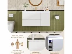 New Mueble bajo lavabo suspendido de un seno cerámico - 91 x 46,5 x 50,5 cm - acabado lacado - con LEDs + 2 cajones + puerta - cerámica + MDF - Mueble De Baño Simple