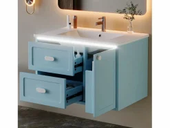 Sale Merax Mueble bajo lavabo suspendido de un seno cerámico - 76 x 46 x 51 cm - acabado lacado - con LEDs + 2 cajones + puerta - cerámica + MDF - Azul