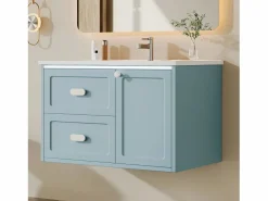 Sale Merax Mueble bajo lavabo suspendido de un seno cerámico - 76 x 46 x 51 cm - acabado lacado - con LEDs + 2 cajones + puerta - cerámica + MDF - Azul