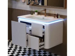 Clearance Mueble bajo lavabo suspendido de cerámica de un seno - 80,5 x 47 x 51 cm - acabado lacado - con LEDs + 3 cajones - cerámica + MDF - Mueble De Baño Simple