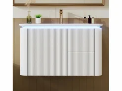 Clearance Mueble bajo lavabo suspendido de cerámica de un seno - 80,5 x 47 x 51 cm - acabado lacado - con LEDs + 3 cajones - cerámica + MDF - Mueble De Baño Simple