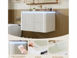 Clearance Mueble bajo lavabo suspendido de cerámica de un seno - 80,5 x 47 x 51 cm - acabado lacado - con LEDs + 3 cajones - cerámica + MDF - Mueble De Baño Simple