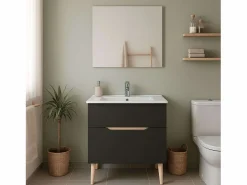 New Mueble baño c/espejo y lavabo cerámico Lotto antracita y roble 80x45x80 cm Mueble De Baño Simple