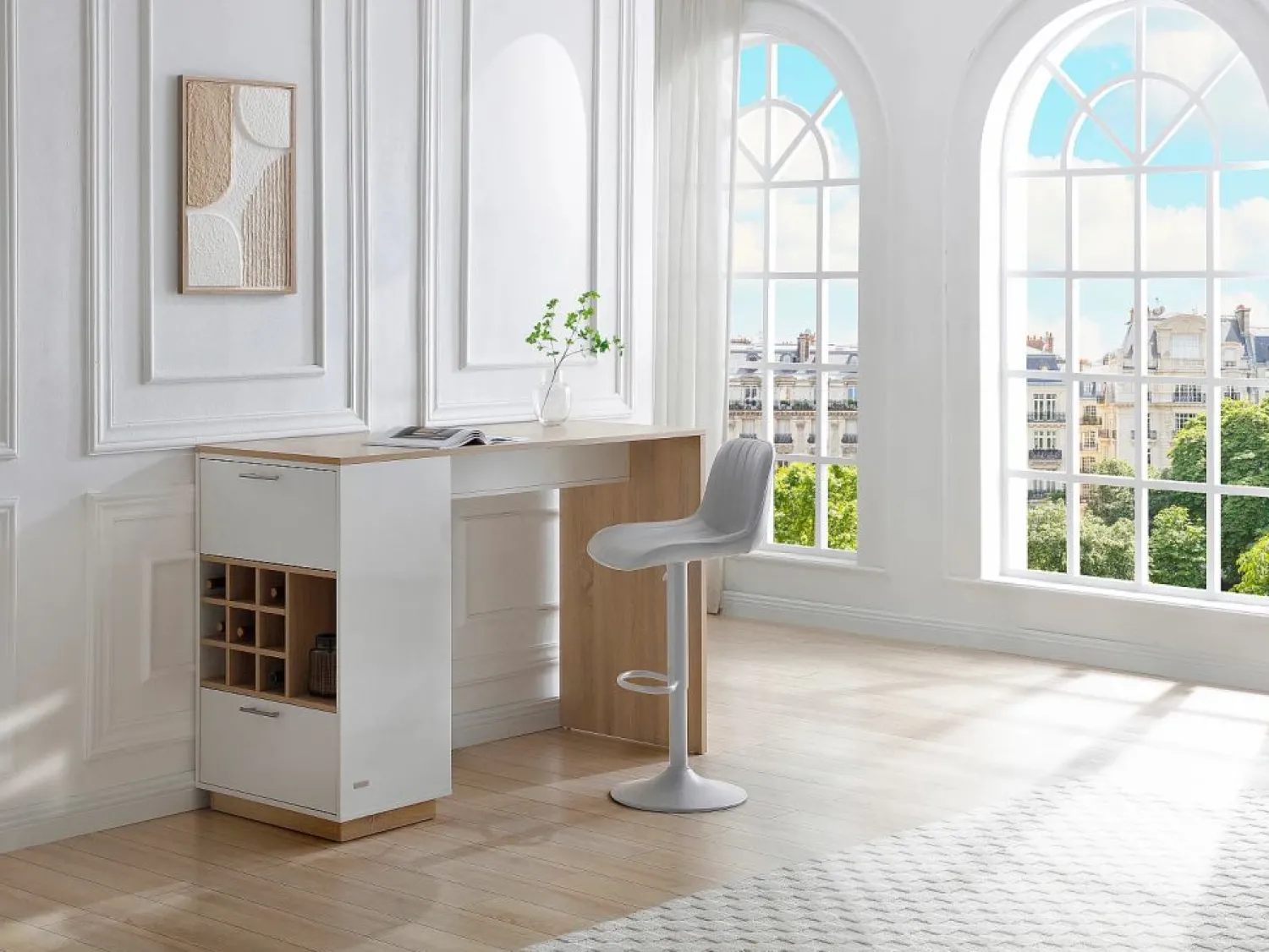 Vente-unique Mueble bar con almacenaje - Blanco y natural - ANOSKI