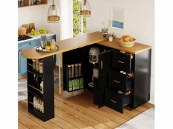 Merax Mueble bar de cocina extensible con ruedas - 135-228 x 39 x 104 cm - con 2 puertas + 3 cajones - MDF + metal -