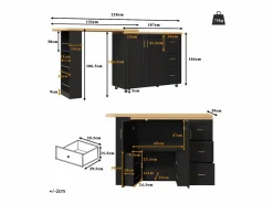 Merax Mueble bar de cocina extensible con ruedas - 135-228 x 39 x 104 cm - con 2 puertas + 3 cajones - MDF + metal -