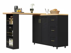 Merax Mueble bar de cocina extensible con ruedas - 135-228 x 39 x 104 cm - con 2 puertas + 3 cajones - MDF + metal -
