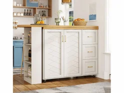 Discount Merax Mueble bar de cocina extensible con ruedas - 135-228 x 39 x 104 cm - con 2 puertas + 3 cajones - MDF + metal - Blanco