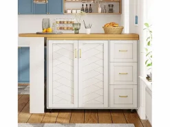 Discount Merax Mueble bar de cocina extensible con ruedas - 135-228 x 39 x 104 cm - con 2 puertas + 3 cajones - MDF + metal - Blanco
