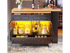 Online Mueble bar extensible - 135/203 x 39 x 92,8 cm - mesa giratoria con LED + 4 cajones - MDF - Mueble Bar
