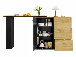 Merax Mueble bar extensible - 138-204 x 39 x 104 cm - Mesa de comedor giratoria 360° - con 1 puerta + 3 cajones - MDF -